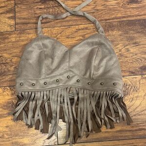 Fringe Halter Top in Taupe